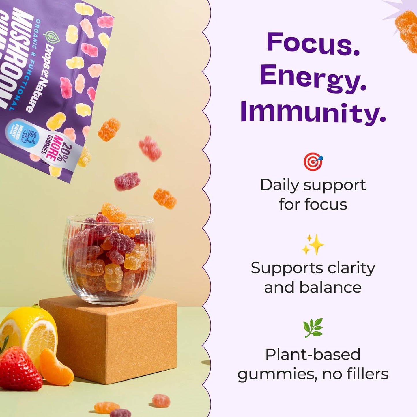 Mushroom Gummies - Immune Defense, Boosts Cognitive Performance, Vegan, Low Carb