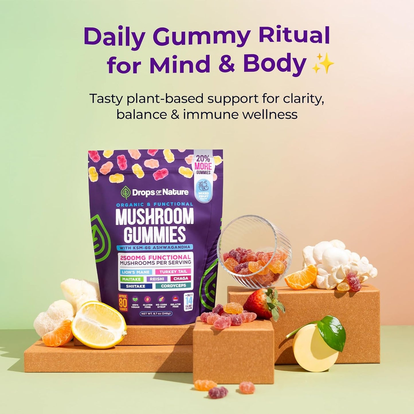 Mushroom Gummies - Immune Defense, Boosts Cognitive Performance, Vegan, Low Carb